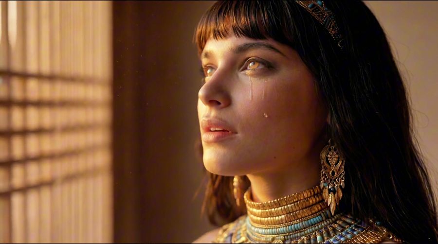Cleopatra in Egyptian gold jewellery, in close-up, lit by warm sun.