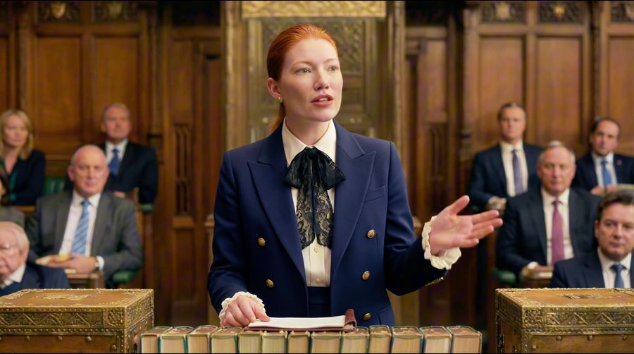 Elizabeth I in a navy suit with a lace collar speaks at a podium in a wood-panelled parliament.