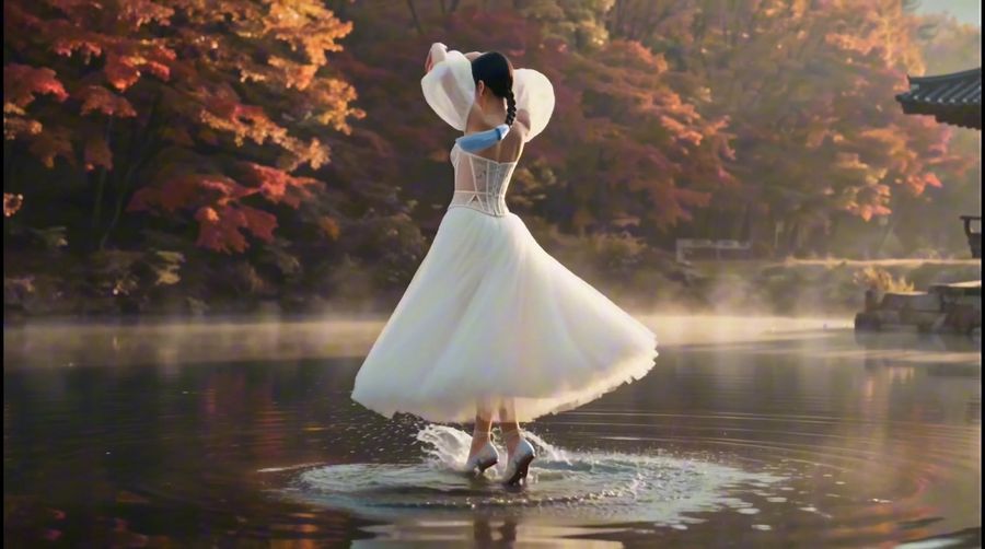 A woman in a white tulle dress spins on the surface of a lake, water splashing at her feet.