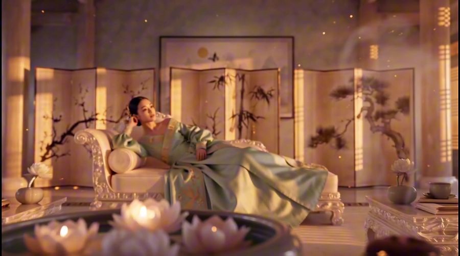 A woman reclines in a hanok room lit by low golden sun, a painted folding screen behind her.