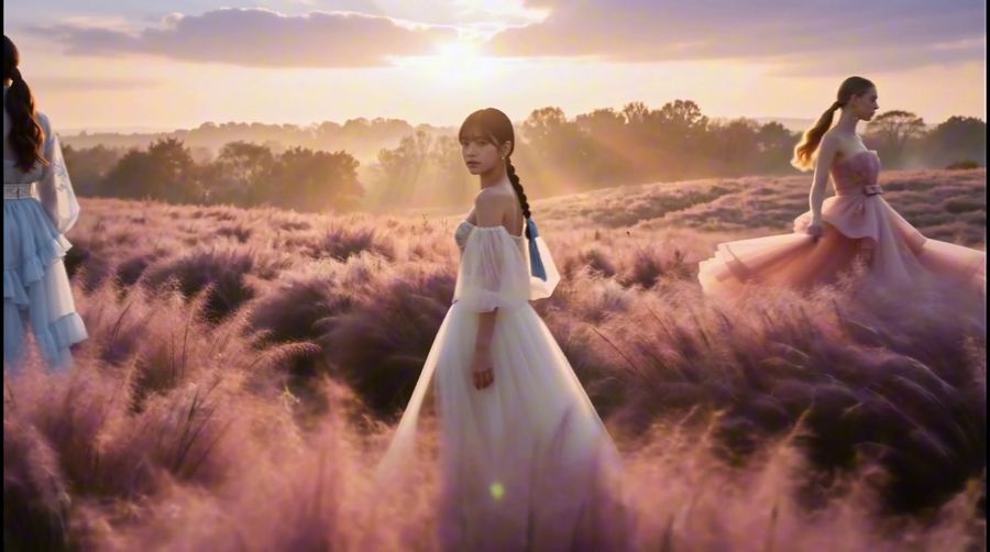 Two women in pastel dresses walk through a pink muhly field at sunset.