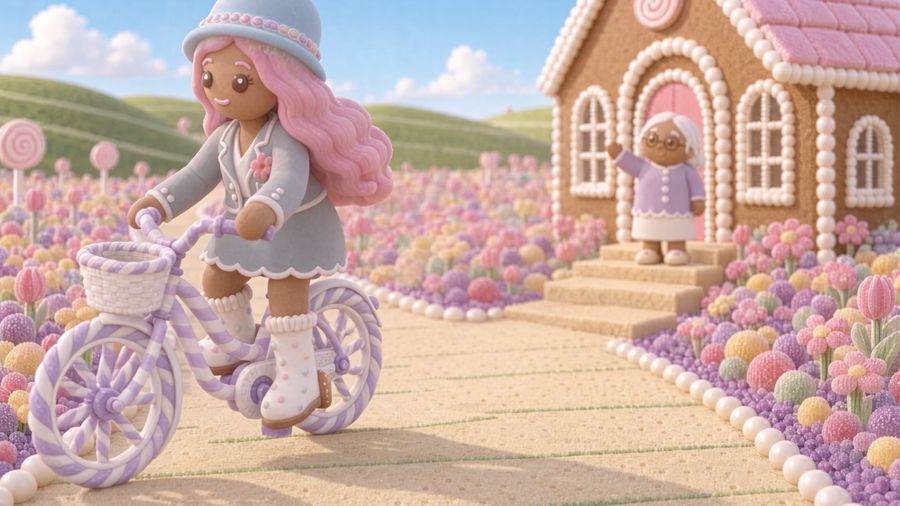 The gingerbread girl rides a bicycle down a candy-lined road toward the city.